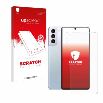 Parte frontal de un envase de producto con el logotipo de la marca upscreen. Al lado se muestra el dispositivo Samsung Galaxy 