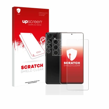 Parte frontal de un envase de producto con el logotipo de la marca upscreen. Al lado se muestra el dispositivo Samsung Galaxy 