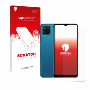 Parte frontal de un envase de producto con el logotipo de la marca upscreen. Al lado se muestra el dispositivo Samsung Galaxy 