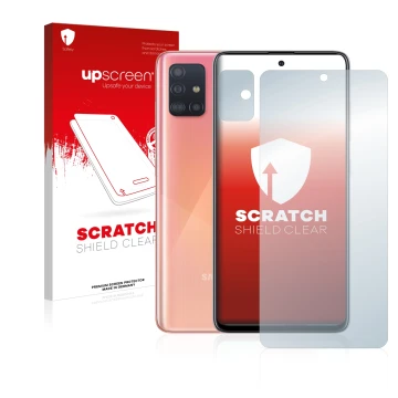 Parte frontal de un envase de producto con el logotipo de la marca upscreen. Al lado se muestra el dispositivo Samsung Galaxy 