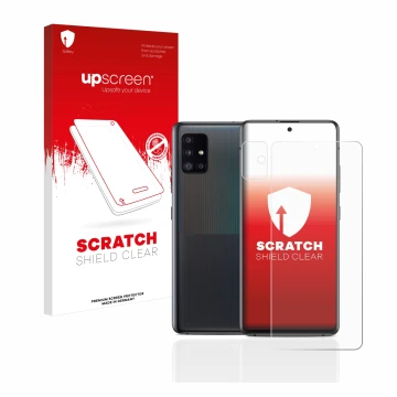 Parte frontal de un envase de producto con el logotipo de la marca upscreen. Al lado se muestra el dispositivo Samsung Galaxy 