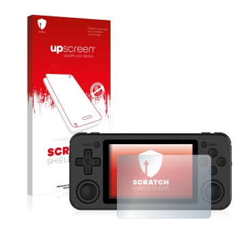 Parte frontal de un envase de producto con el logotipo de la marca upscreen. Al lado se muestra el dispositivo Anbernic RG351P