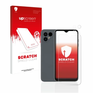 Parte frontal de un envase de producto con el logotipo de la marca upscreen. Al lado se muestra el dispositivo Fairphone 4 (Fr