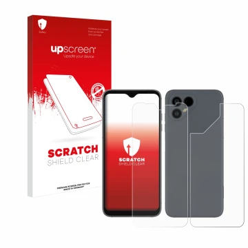 Parte frontal de un envase de producto con el logotipo de la marca upscreen. Al lado se muestra el dispositivo Fairphone 4 (Fr