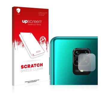 Parte frontal de un envase de producto con el logotipo de la marca upscreen. Al lado se muestra el dispositivo Xiaomi Redmi No
