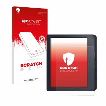 Parte frontal de un envase de producto con el logotipo de la marca upscreen. Al lado se muestra el dispositivo Kobo Libra 2 co