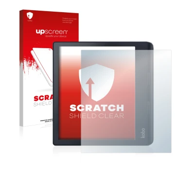 Parte frontal de un envase de producto con el logotipo de la marca upscreen. Al lado se muestra el dispositivo Kobo Sage con s