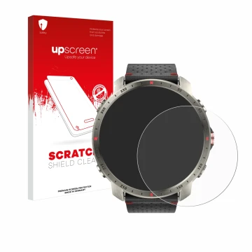 Parte frontal de un envase de producto con el logotipo de la marca upscreen. Al lado se muestra el dispositivo Polar Grit X Pr