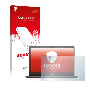 Parte frontal de un envase de producto con el logotipo de la marca upscreen. Al lado se muestra el dispositivo Dell Latitude 3