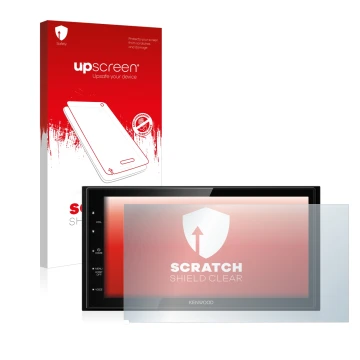 Parte frontal de un envase de producto con el logotipo de la marca upscreen. Al lado se muestra el dispositivo Kenwood DMX5020