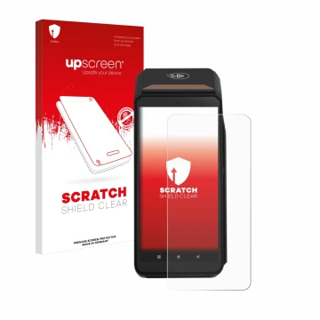 Parte frontal de un envase de producto con el logotipo de la marca upscreen. Al lado se muestra el dispositivo ingenico Axium 