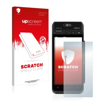 Parte frontal de un envase de producto con el logotipo de la marca upscreen. Al lado se muestra el dispositivo ingenico Apos A