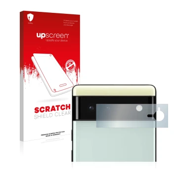 Parte frontal de un envase de producto con el logotipo de la marca upscreen. Al lado se muestra el dispositivo Google Pixel 6 