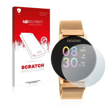 Parte frontal de un envase de producto con el logotipo de la marca upscreen. Al lado se muestra el dispositivo Oozoo Q00117 co