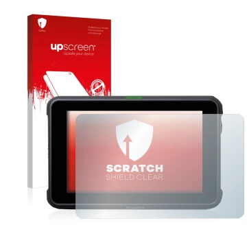 Parte frontal de un envase de producto con el logotipo de la marca upscreen. Al lado se muestra el dispositivo Atomos Shinobi 