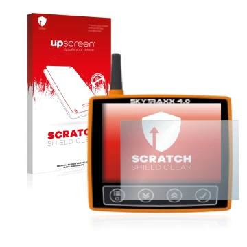 Parte frontal de un envase de producto con el logotipo de la marca upscreen. Al lado se muestra el dispositivo Skytraxx 4.0 co