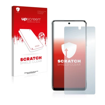 Parte frontal de un envase de producto con el logotipo de la marca upscreen. Al lado se muestra el dispositivo Infinix Note 11