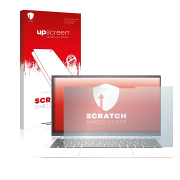 Parte frontal de un envase de producto con el logotipo de la marca upscreen. Al lado se muestra el dispositivo HP EliteBook x3