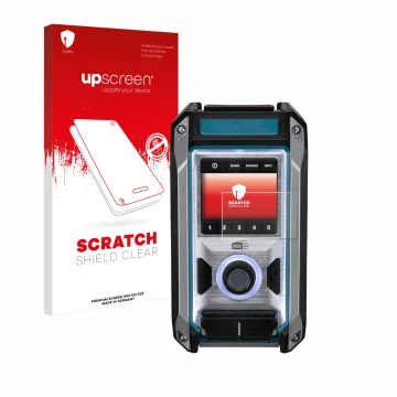 Parte frontal de un envase de producto con el logotipo de la marca upscreen. Al lado se muestra el dispositivo Makita DMR115 c