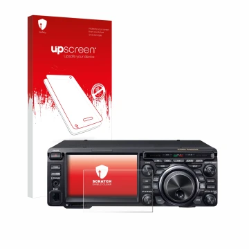 Parte frontal de un envase de producto con el logotipo de la marca upscreen. Al lado se muestra el dispositivo Yaesu FT-DX10 c