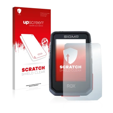 Parte frontal de un envase de producto con el logotipo de la marca upscreen. Al lado se muestra el dispositivo Sigma ROX 2.0 c