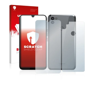 Parte frontal de un envase de producto con el logotipo de la marca upscreen. Al lado se muestra el dispositivo Gigaset GS5 (Fr