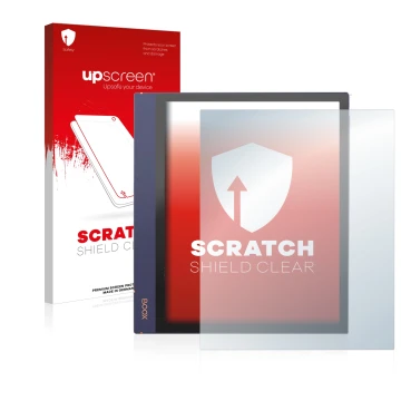 Parte frontal de un envase de producto con el logotipo de la marca upscreen. Al lado se muestra el dispositivo Boox Note Air 2