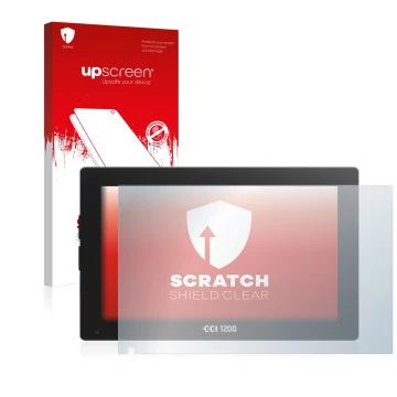 Parte frontal de un envase de producto con el logotipo de la marca upscreen. Al lado se muestra el dispositivo Isobus CCI 1200