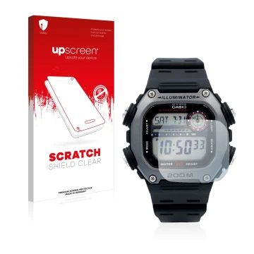 Parte frontal de un envase de producto con el logotipo de la marca upscreen. Al lado se muestra el dispositivo Casio DW-291H c