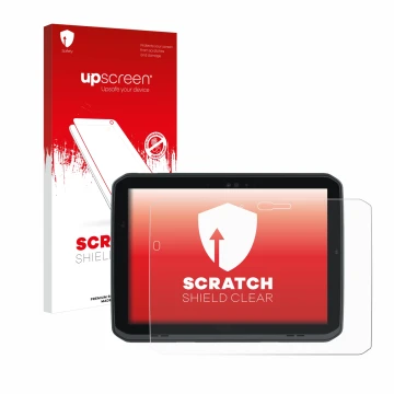 Parte frontal de un envase de producto con el logotipo de la marca upscreen. Al lado se muestra el dispositivo Zebra ET80 con 