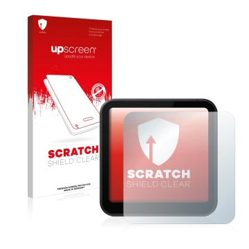 Parte frontal de un envase de producto con el logotipo de la marca upscreen. Al lado se muestra el dispositivo DJI Action 2 co