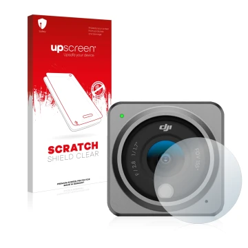 Parte frontal de un envase de producto con el logotipo de la marca upscreen. Al lado se muestra el dispositivo DJI Action 2 Le