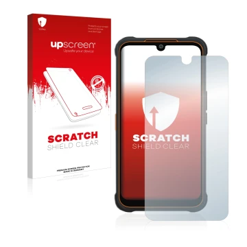Parte frontal de un envase de producto con el logotipo de la marca upscreen. Al lado se muestra el dispositivo AGM Glory Pro c