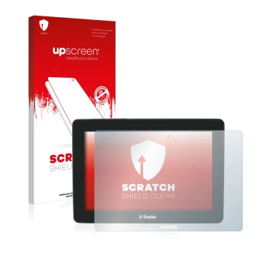 Parte frontal de un envase de producto con el logotipo de la marca upscreen. Al lado se muestra el dispositivo Trimble GFX-750