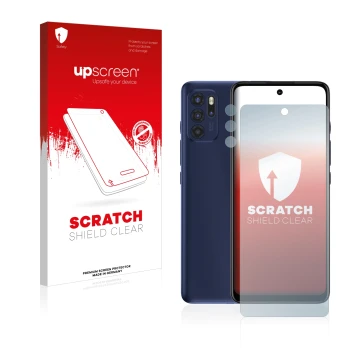 Parte frontal de un envase de producto con el logotipo de la marca upscreen. Al lado se muestra el dispositivo Motorola Moto G