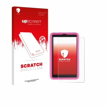 Parte frontal de un envase de producto con el logotipo de la marca upscreen. Al lado se muestra el dispositivo Blackview Tab 6