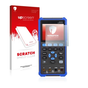 Parte frontal de un envase de producto con el logotipo de la marca upscreen. Al lado se muestra el dispositivo Owon HDS 200 Se