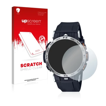 Parte frontal de un envase de producto con el logotipo de la marca upscreen. Al lado se muestra el dispositivo Casio Pro Trek 