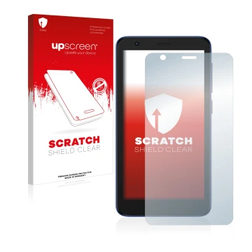 Parte frontal de un envase de producto con el logotipo de la marca upscreen. Al lado se muestra el dispositivo ZTE Blade L9 co