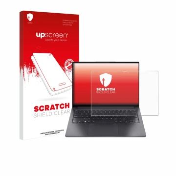 Parte frontal de un envase de producto con el logotipo de la marca upscreen. Al lado se muestra el dispositivo Lenovo Yoga Sli