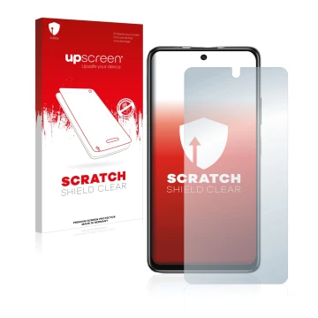 Parte frontal de un envase de producto con el logotipo de la marca upscreen. Al lado se muestra el dispositivo Xiaomi Poco M4 