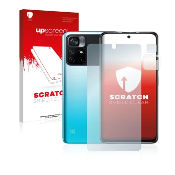 Parte frontal de un envase de producto con el logotipo de la marca upscreen. Al lado se muestra el dispositivo Xiaomi Poco M4 