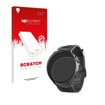 Parte frontal de un envase de producto con el logotipo de la marca upscreen. Al lado se muestra el dispositivo Kiprun 500 con 