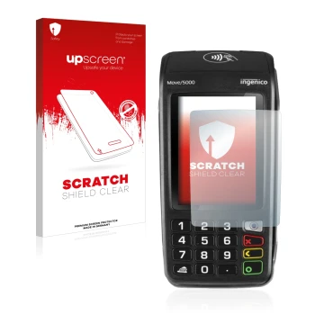 Parte frontal de un envase de producto con el logotipo de la marca upscreen. Al lado se muestra el dispositivo ingenico Move 5