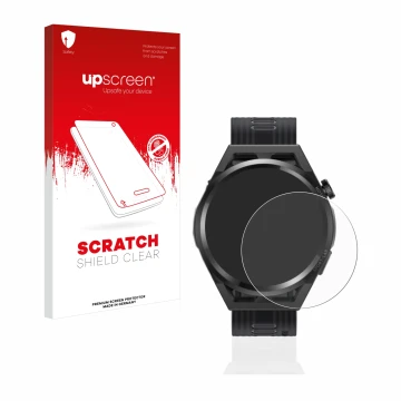 Parte frontal de un envase de producto con el logotipo de la marca upscreen. Al lado se muestra el dispositivo Huawei Watch GT