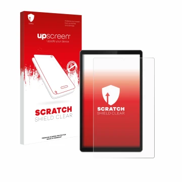 Parte frontal de un envase de producto con el logotipo de la marca upscreen. Al lado se muestra el dispositivo Lenovo Tab TB-X