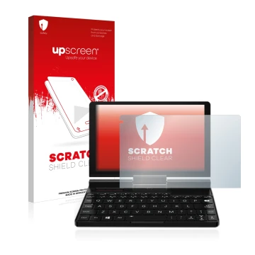 Parte frontal de un envase de producto con el logotipo de la marca upscreen. Al lado se muestra el dispositivo GPD Pocket 3 co