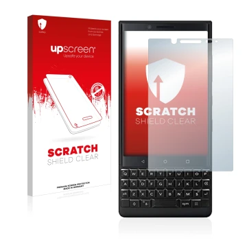 Parte frontal de un envase de producto con el logotipo de la marca upscreen. Al lado se muestra el dispositivo BlackBerry Key2