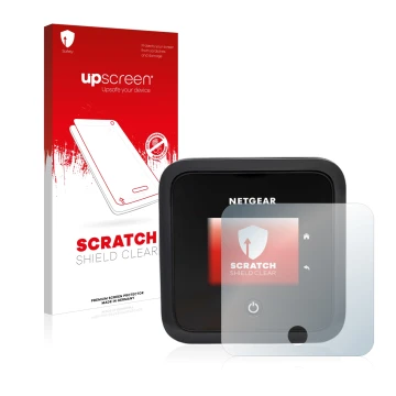 Parte frontal de un envase de producto con el logotipo de la marca upscreen. Al lado se muestra el dispositivo Netgear Nightha
