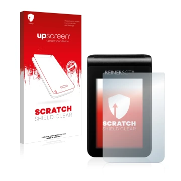 Parte frontal de un envase de producto con el logotipo de la marca upscreen. Al lado se muestra el dispositivo REINER SCT tanJ